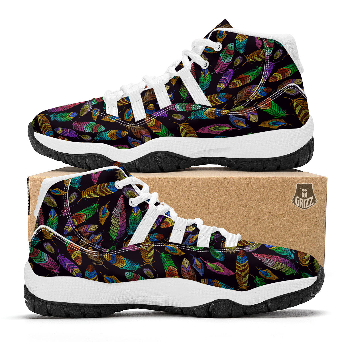 Feather Native Print Pattern White Bball Shoes-grizzshop