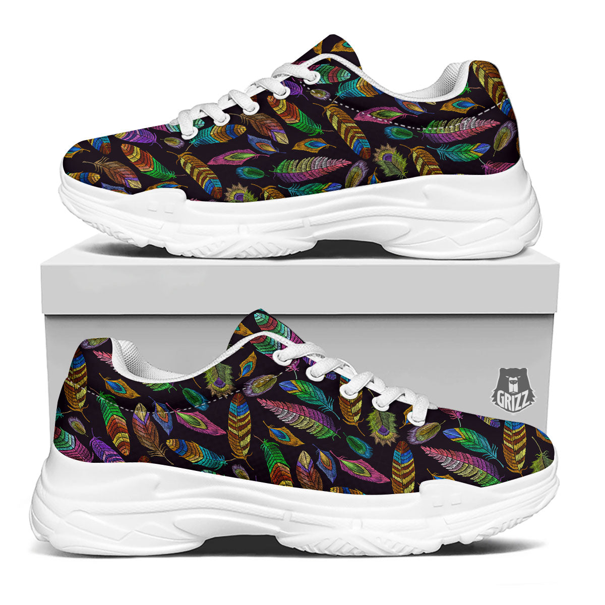 Feather Native Print Pattern White Chunky Shoes-grizzshop