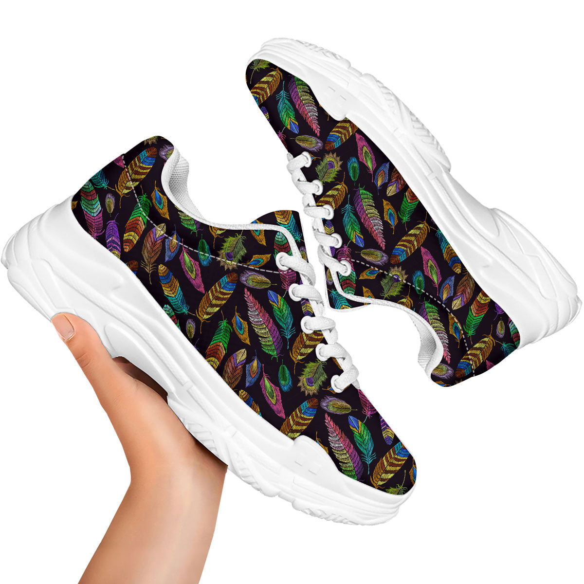 Feather Native Print Pattern White Chunky Shoes-grizzshop