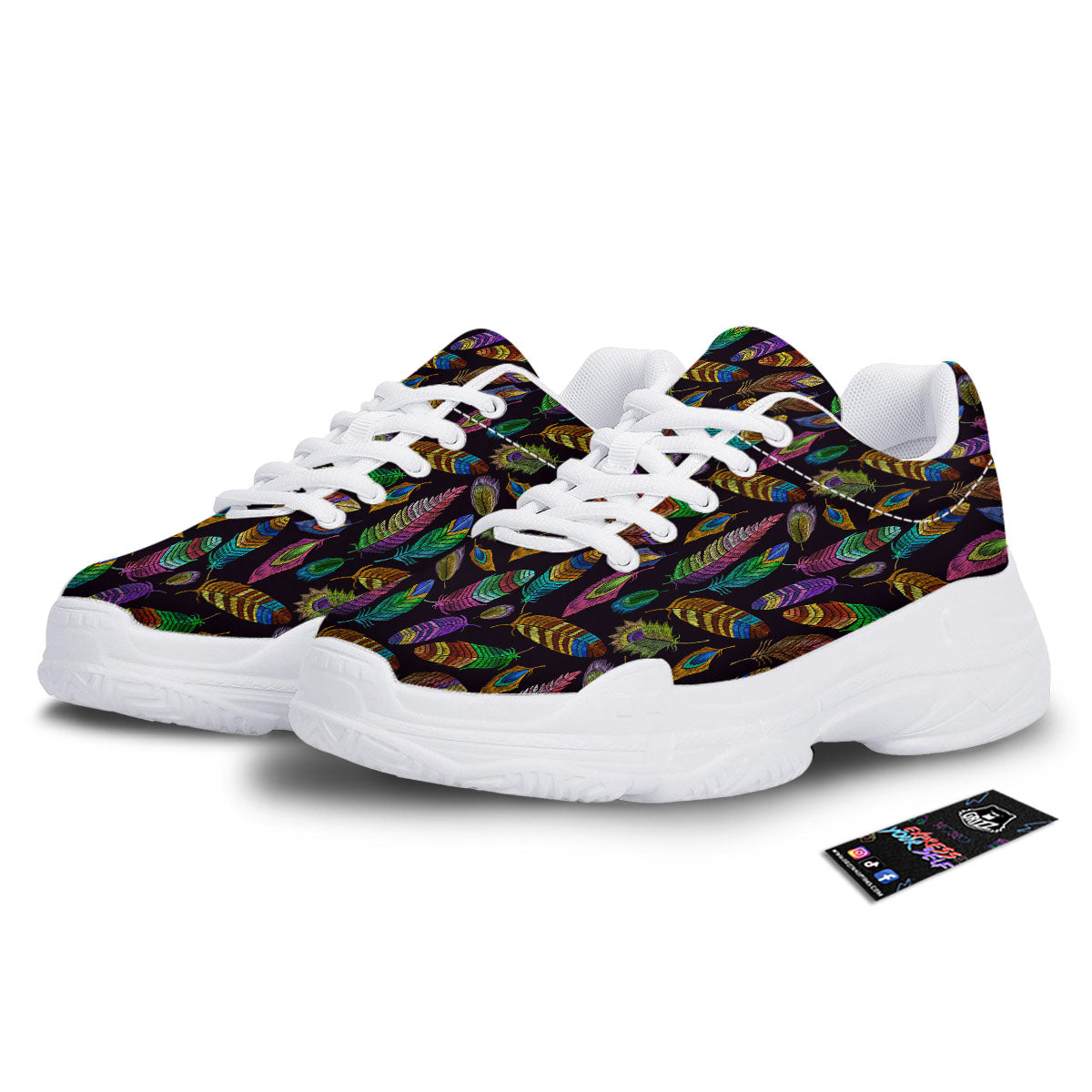 Feather Native Print Pattern White Chunky Shoes-grizzshop