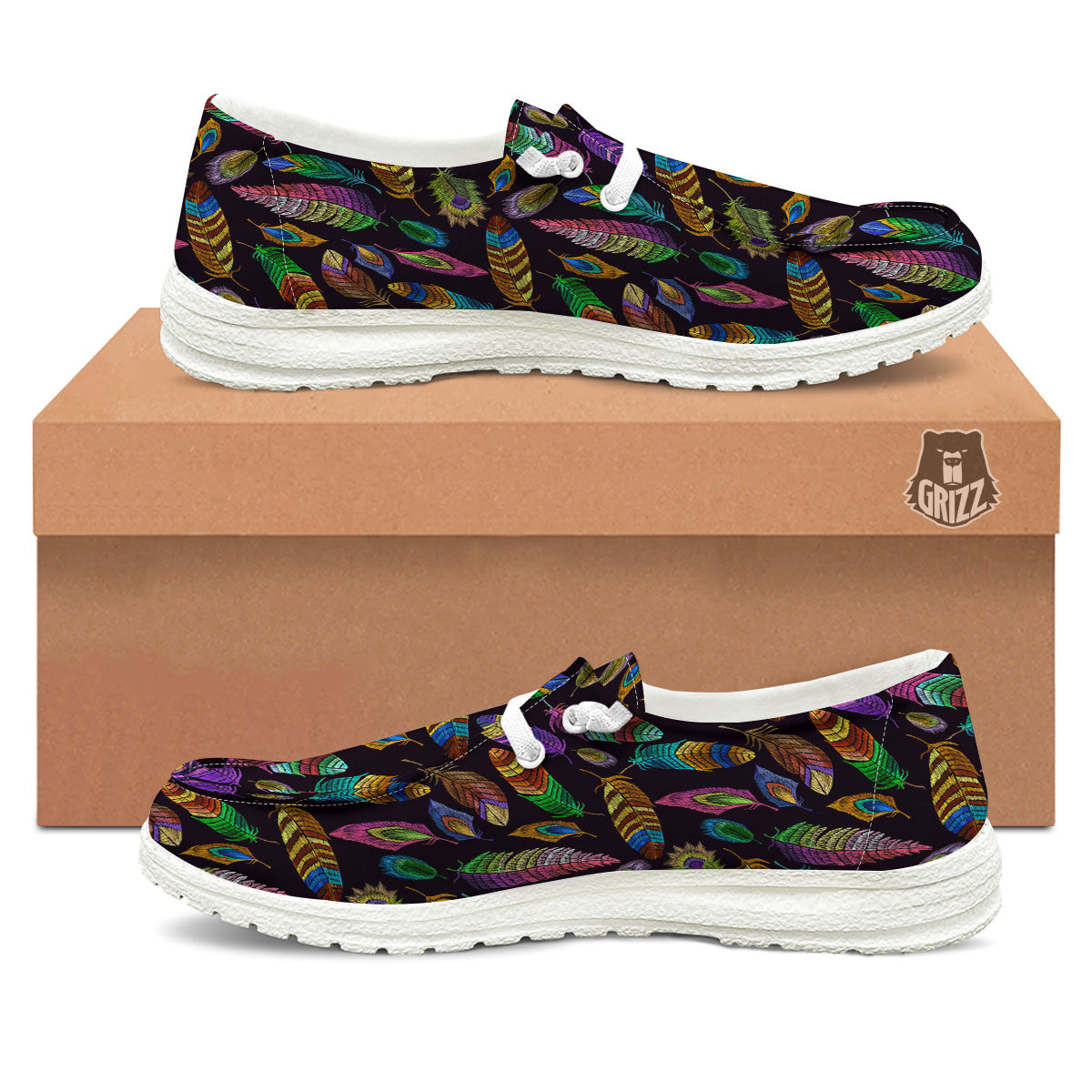 Feather Native Print Pattern White Loafers-grizzshop