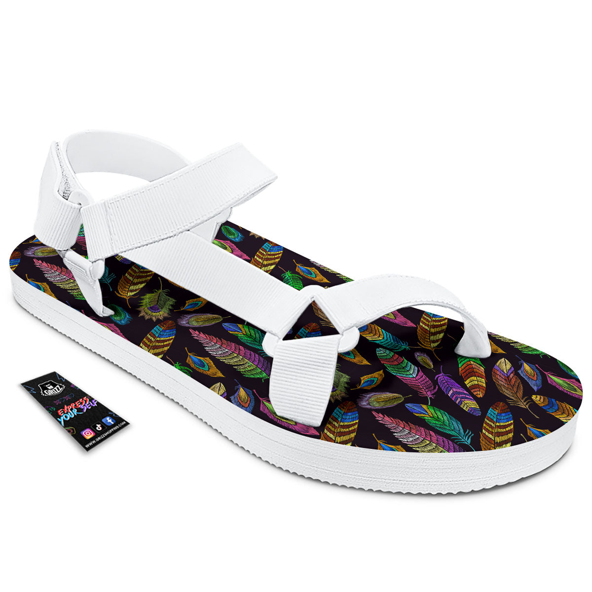 Feather Native Print Pattern White Open Toe Sandals-grizzshop
