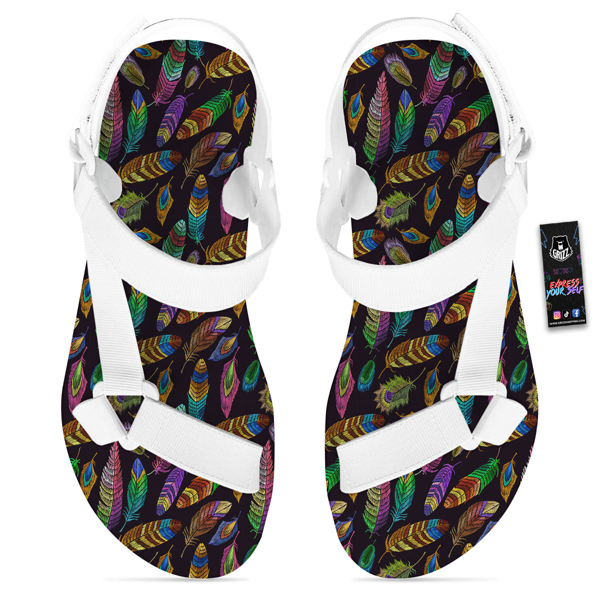 Feather Native Print Pattern White Open Toe Sandals-grizzshop