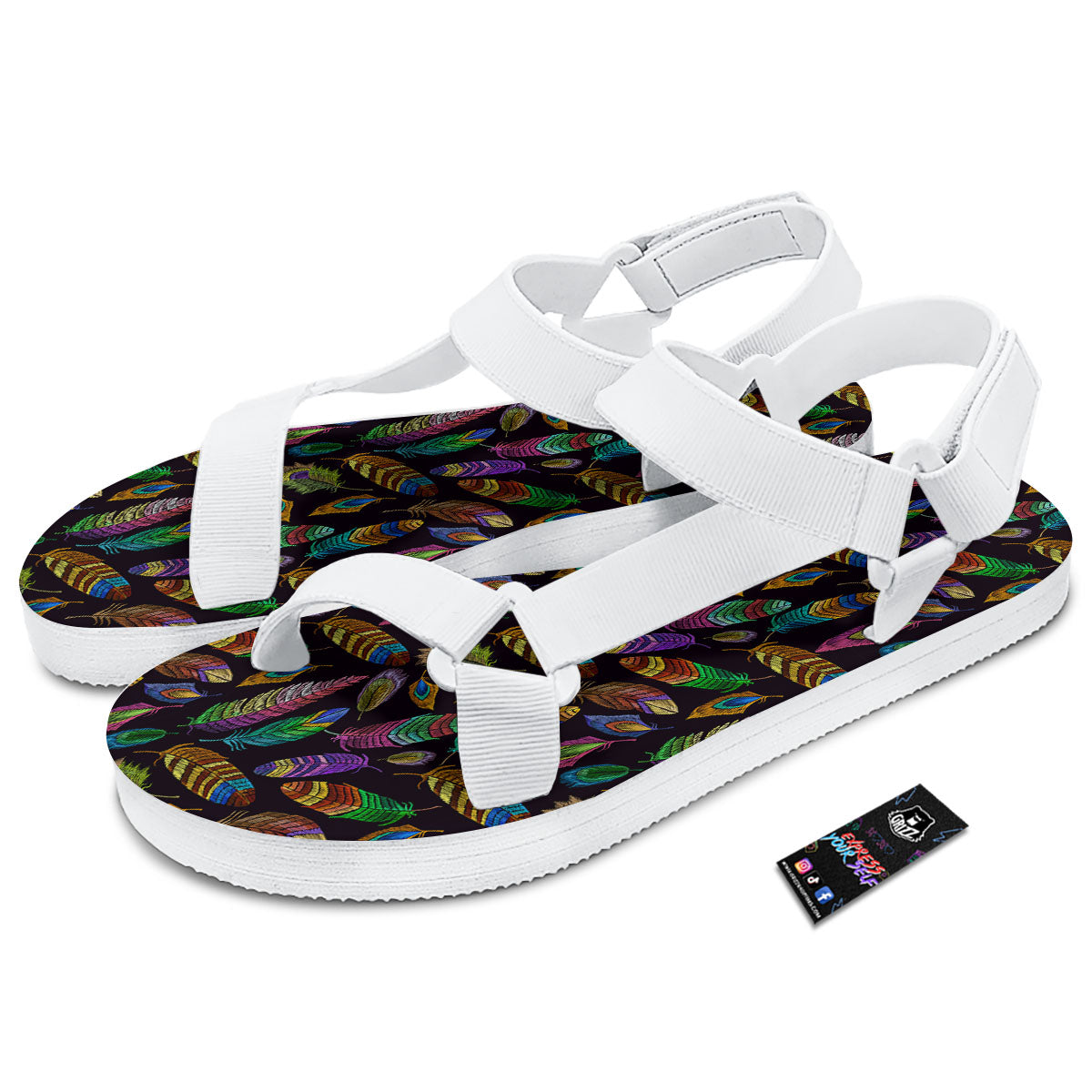 Feather Native Print Pattern White Open Toe Sandals-grizzshop