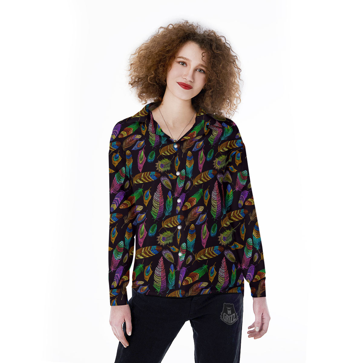Feather Native Print Pattern Women's Long Sleeve Shirts-grizzshop