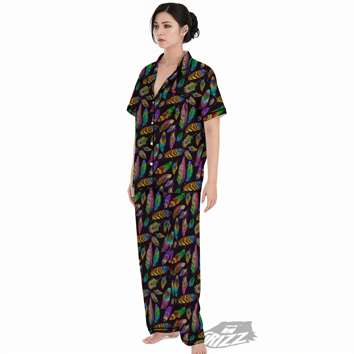 Feather Native Print Pattern Women's Pajamas Set-grizzshop