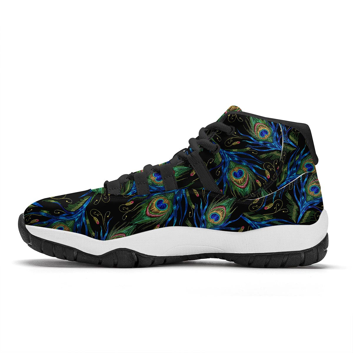Feather Peacock Pattern Print Black Bball Shoes-grizzshop