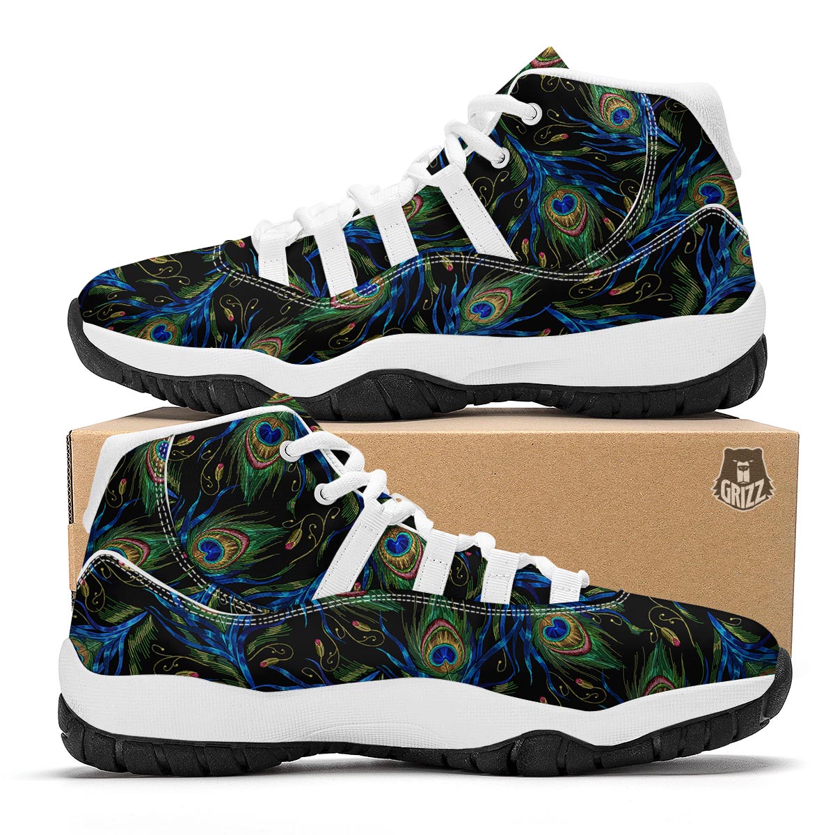Feather Peacock Pattern Print White Bball Shoes-grizzshop