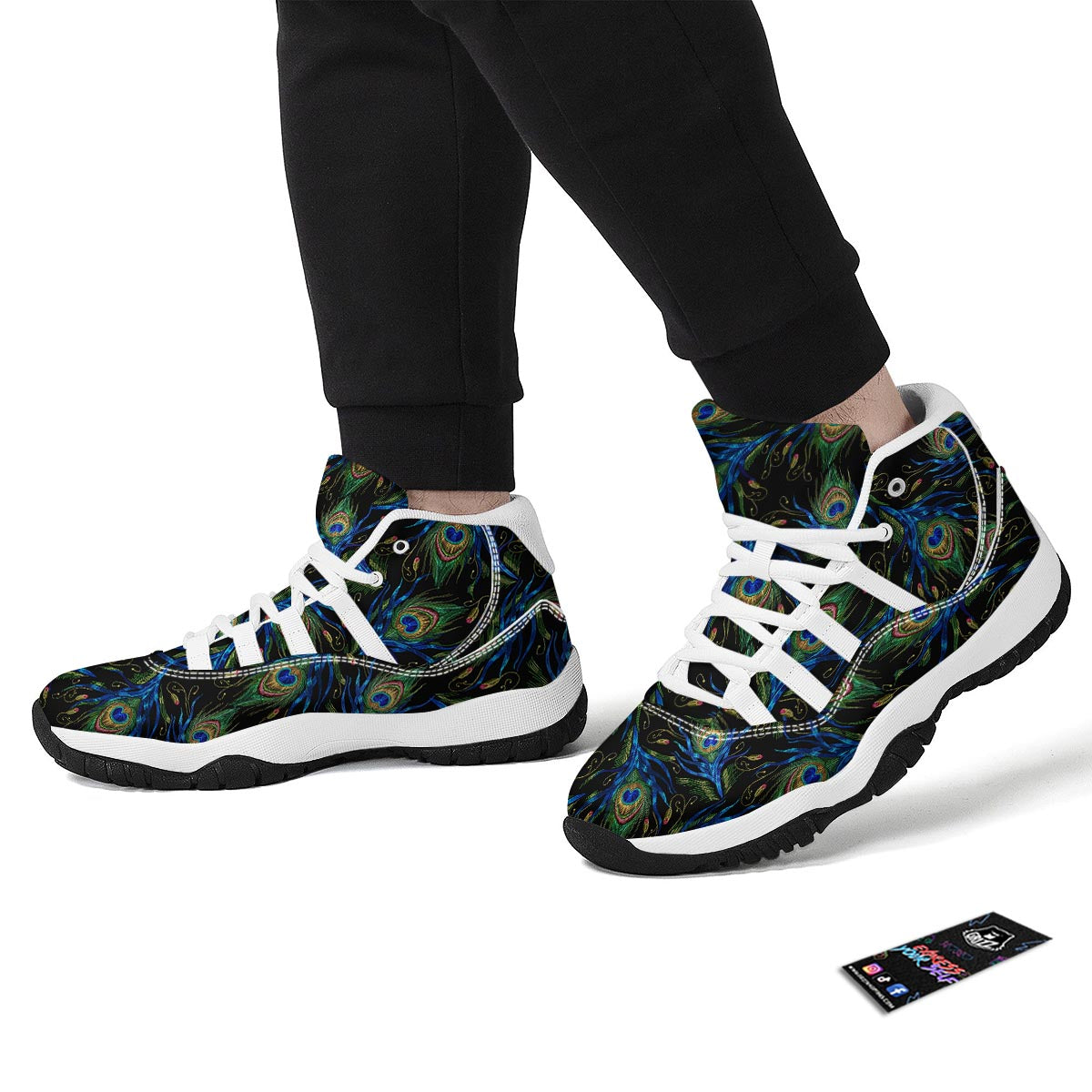 Feather Peacock Pattern Print White Bball Shoes-grizzshop