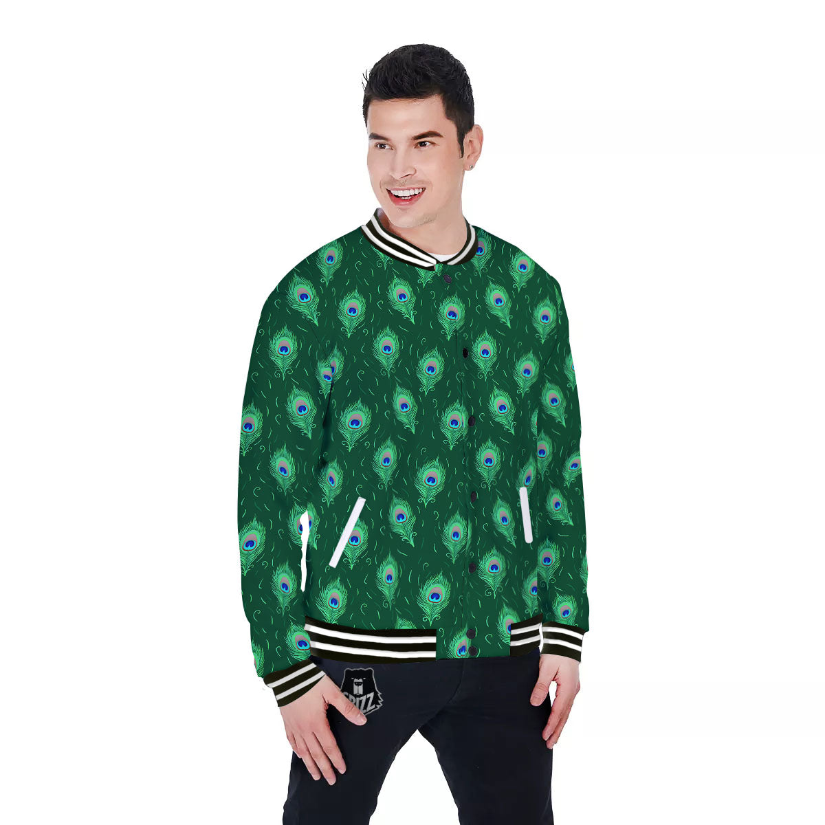 Feather Peacock Print Pattern Baseball Jacket-grizzshop