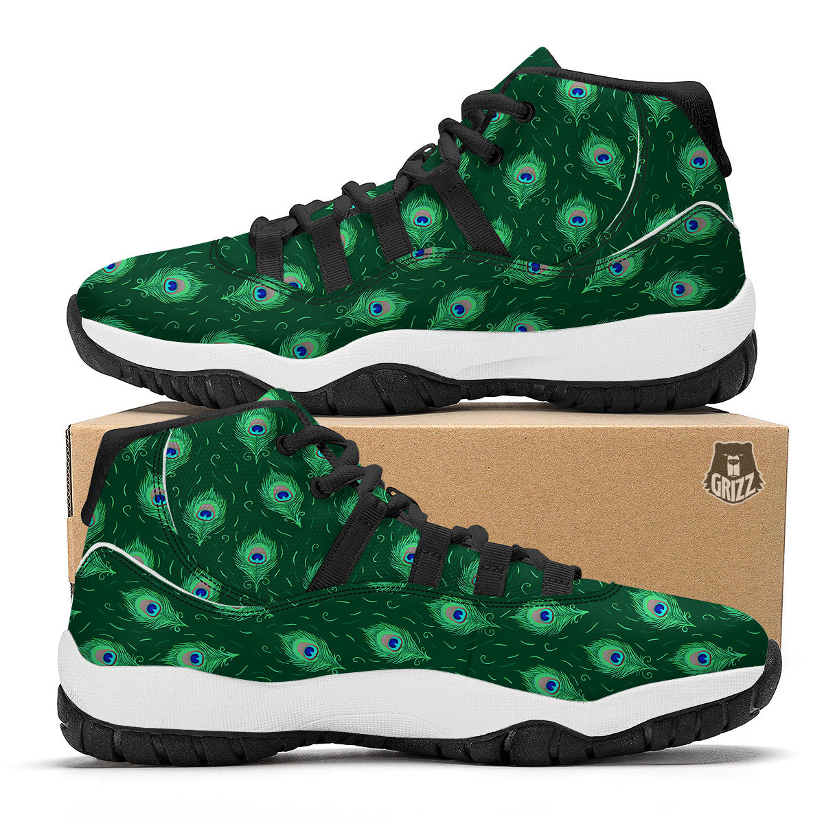 Feather Peacock Print Pattern Black Bball Shoes-grizzshop