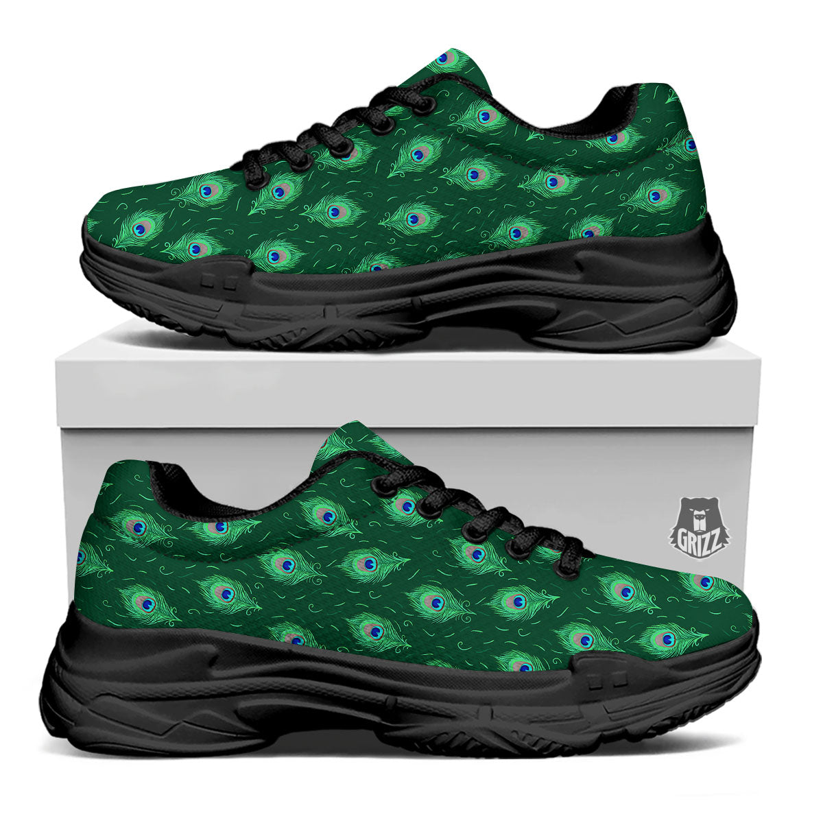 Feather Peacock Print Pattern Black Chunky Shoes-grizzshop