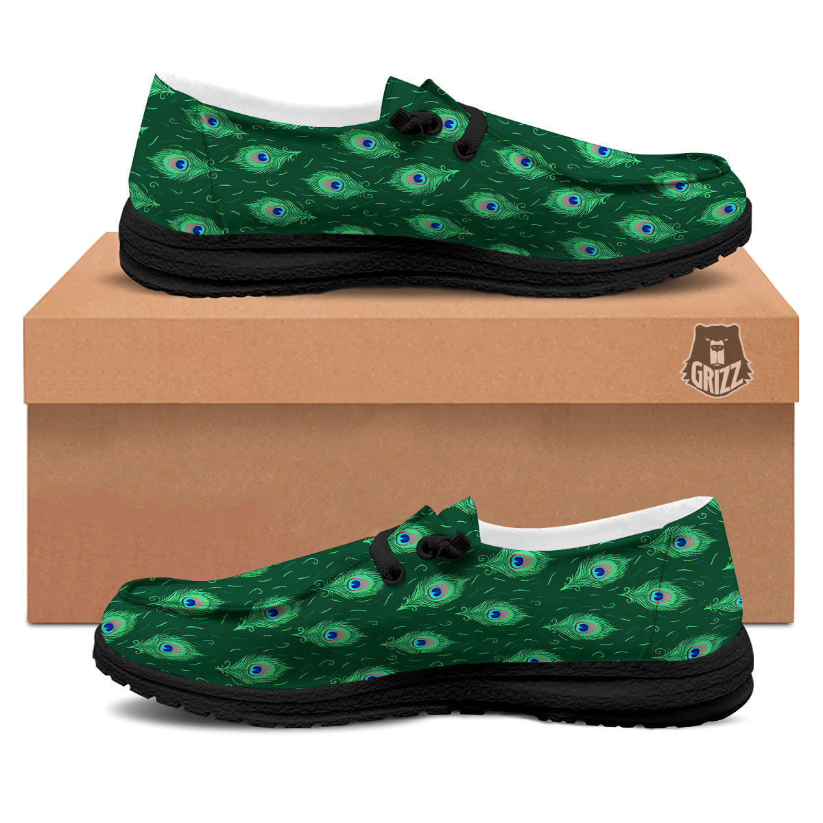 Feather Peacock Print Pattern Black Loafers-grizzshop