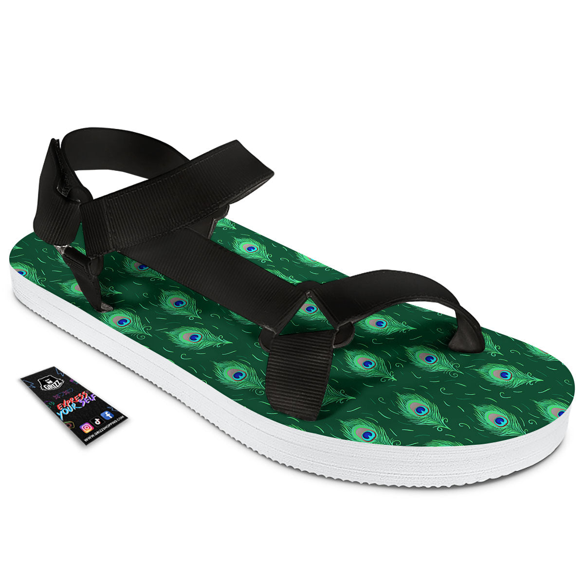 Feather Peacock Print Pattern Black Open Toe Sandals-grizzshop
