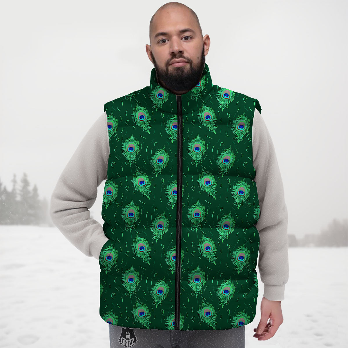 Feather Peacock Print Pattern Down Vest