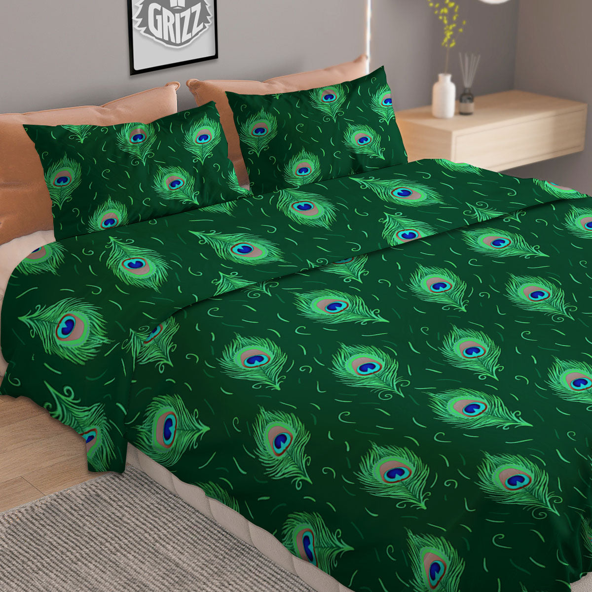 Feather Peacock Print Pattern Duvet Cover Bedding Set