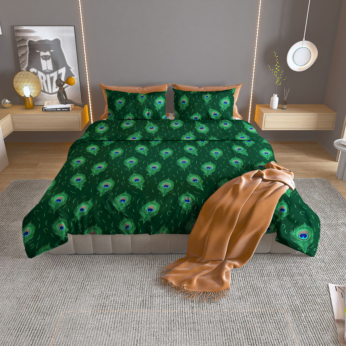 Feather Peacock Print Pattern Duvet Cover Bedding Set