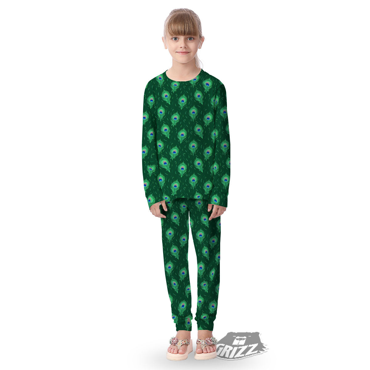 Feather Peacock Print Pattern Kid's Pajamas-grizzshop