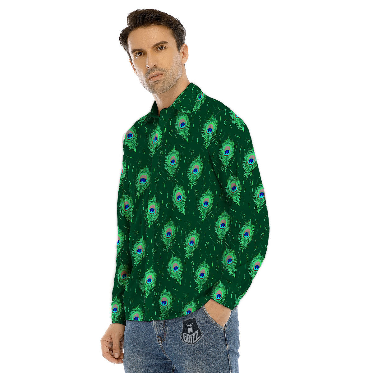 Feather Peacock Print Pattern Men's Dress Shirts-grizzshop