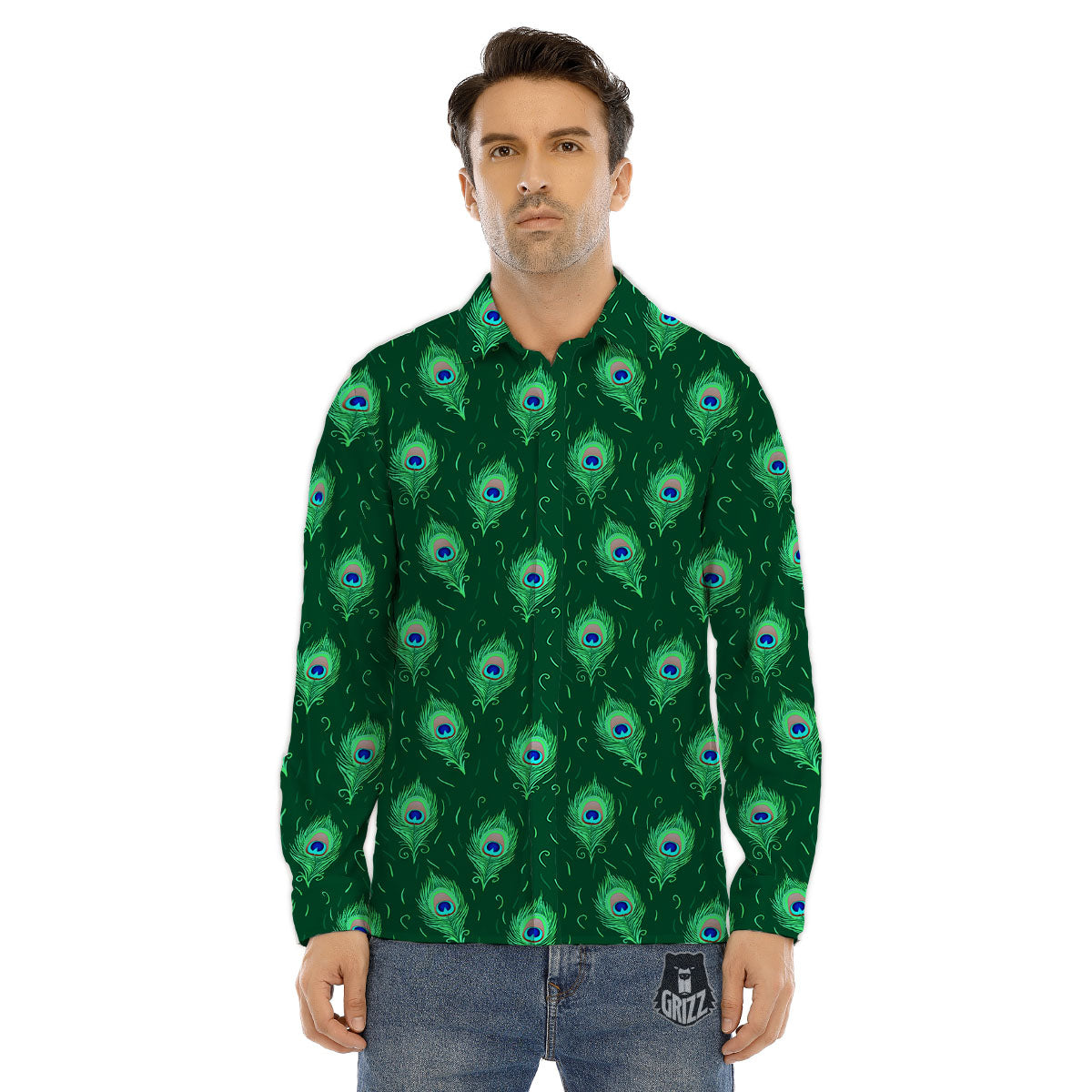 Feather Peacock Print Pattern Men's Dress Shirts-grizzshop