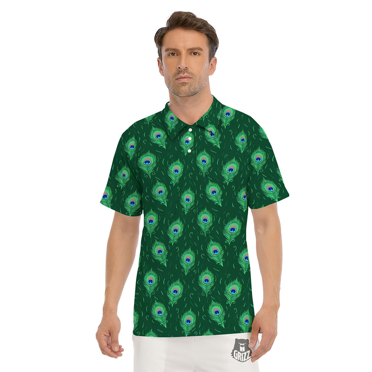 Feather Peacock Print Pattern Men's Golf Shirts-grizzshop