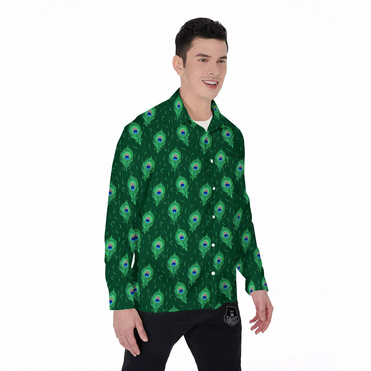 Feather Peacock Print Pattern Men's Long Sleeve Shirts-grizzshop