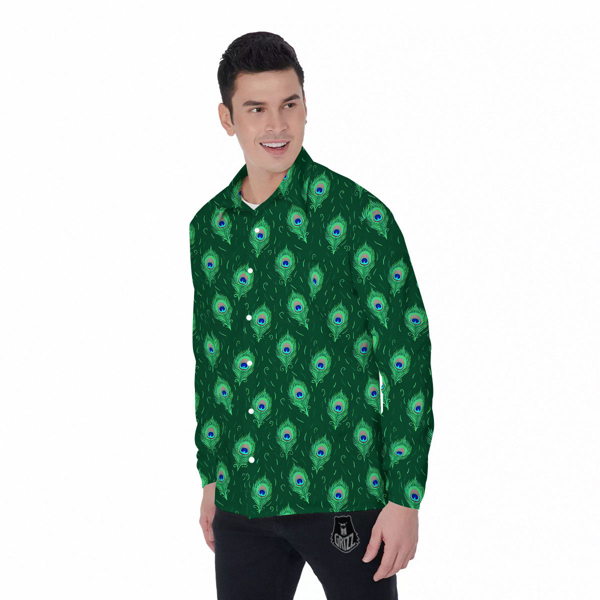 Feather Peacock Print Pattern Men's Long Sleeve Shirts-grizzshop