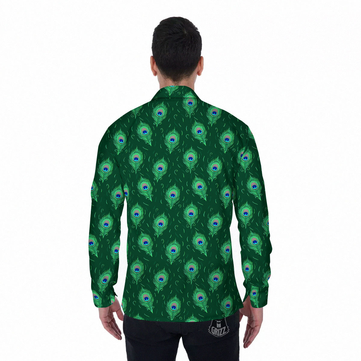 Feather Peacock Print Pattern Men's Long Sleeve Shirts-grizzshop