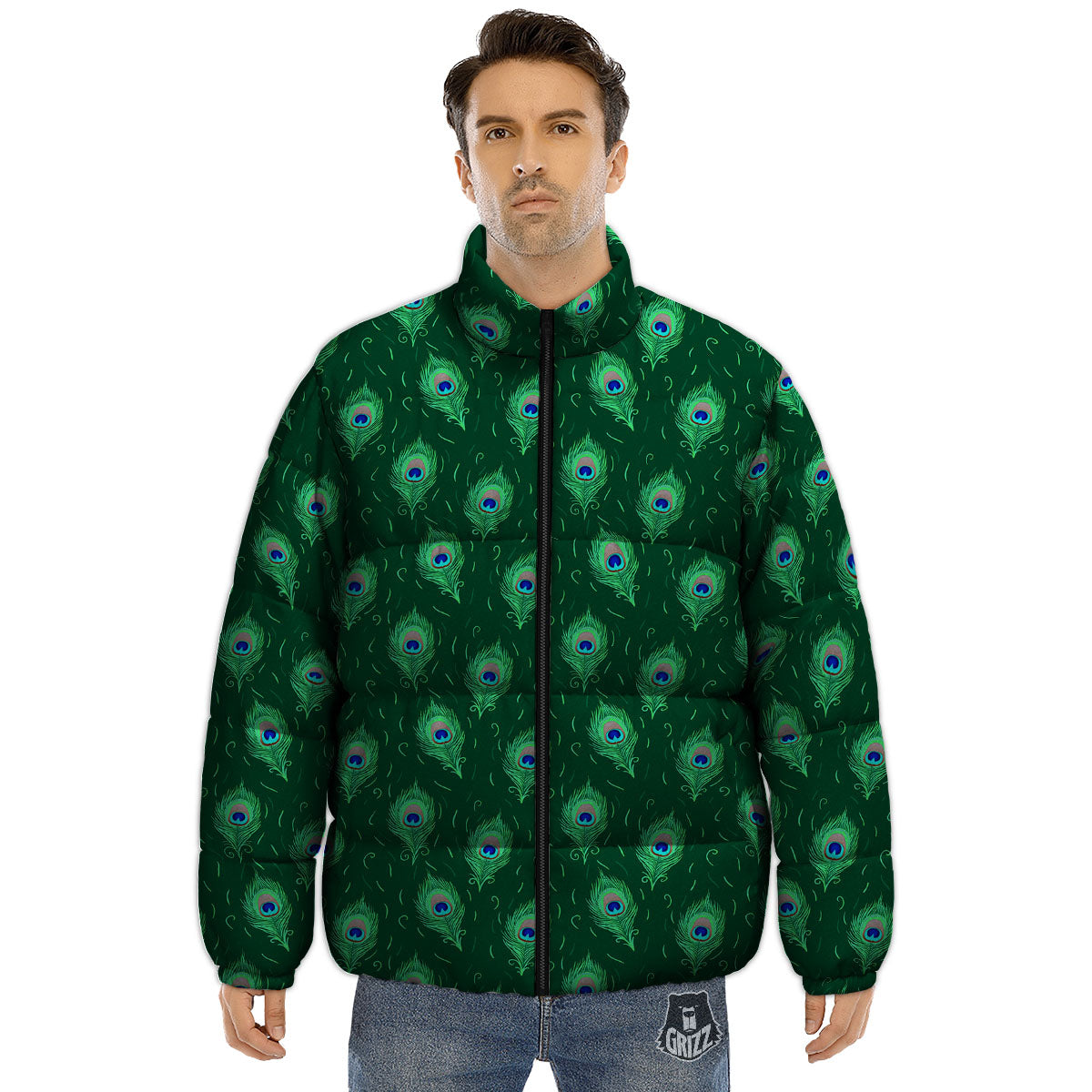 Feather Peacock Print Pattern Puffer Jacket-grizzshop