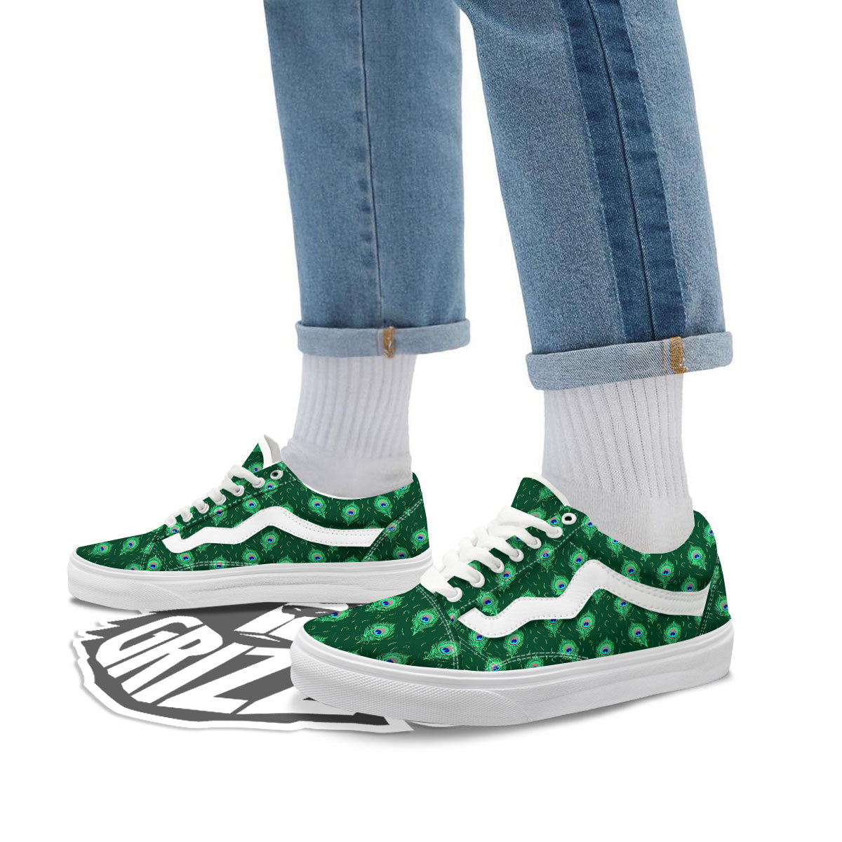 Feather Peacock Print Pattern Skate Shoes-grizzshop