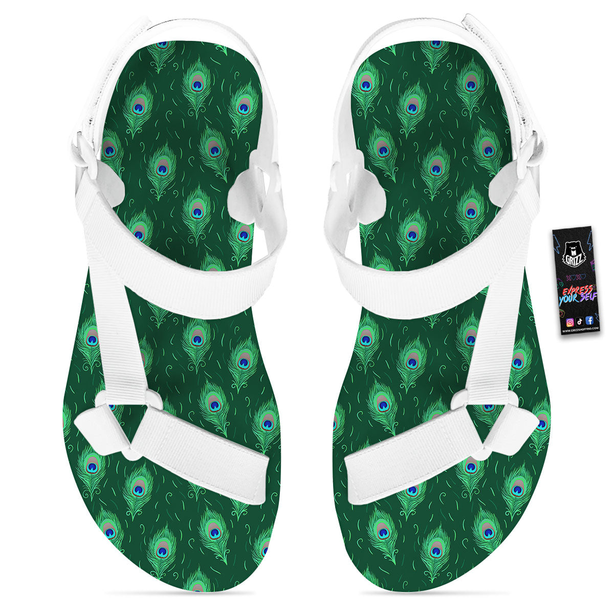 Feather Peacock Print Pattern White Open Toe Sandals-grizzshop
