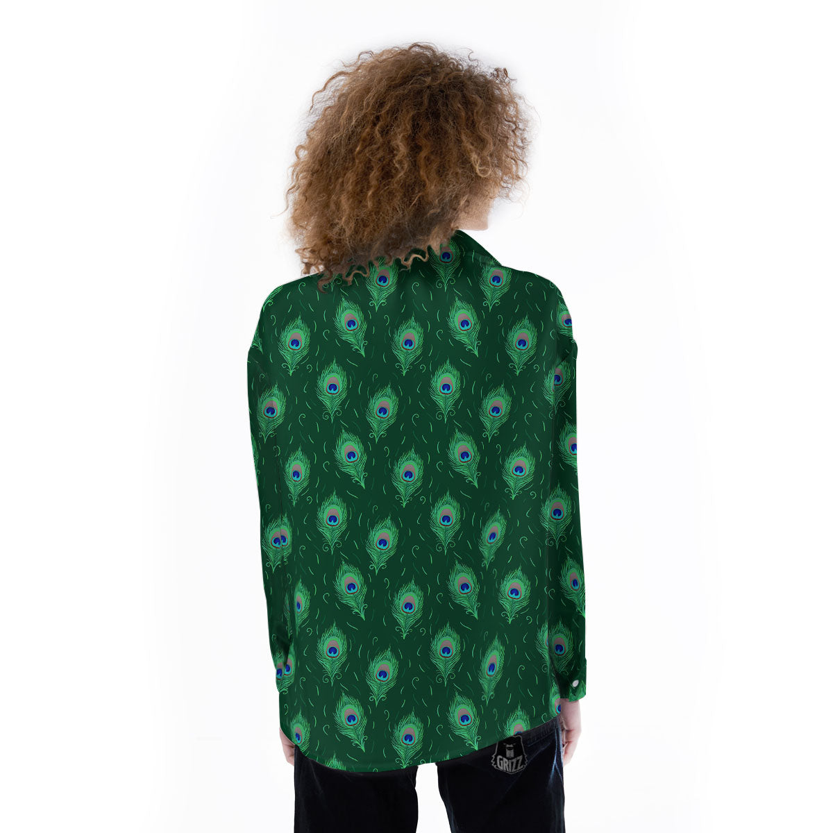 Feather Peacock Print Pattern Women's Long Sleeve Shirts-grizzshop