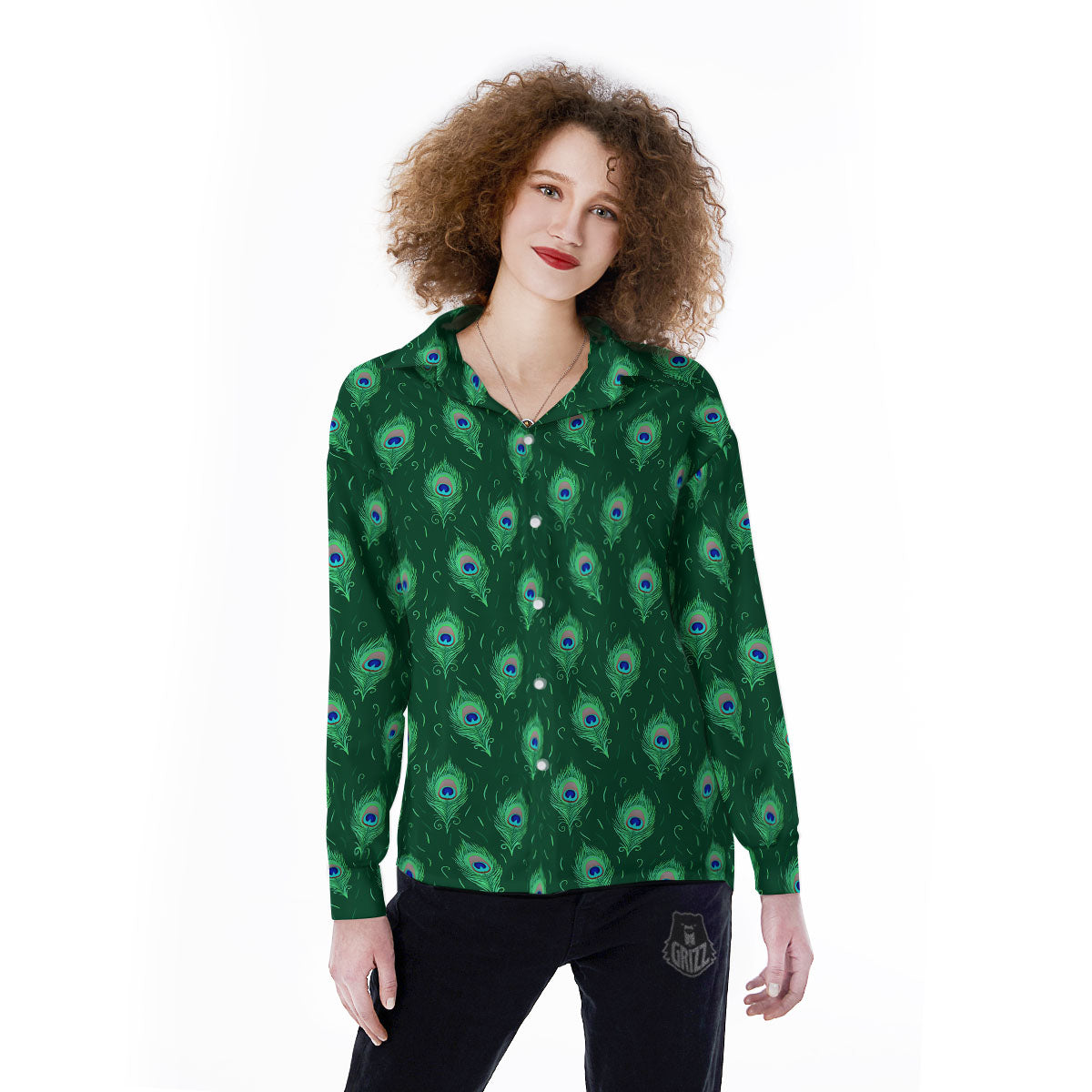 Feather Peacock Print Pattern Women's Long Sleeve Shirts-grizzshop