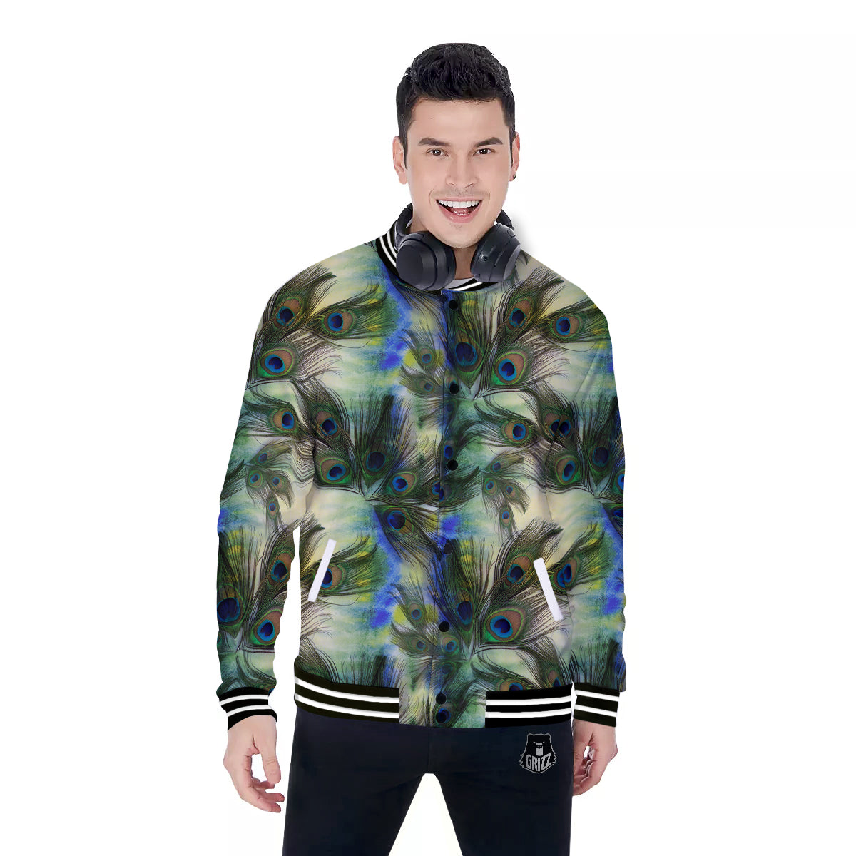 Feather Vintage Watercolor Print Pattern Baseball Jacket-grizzshop