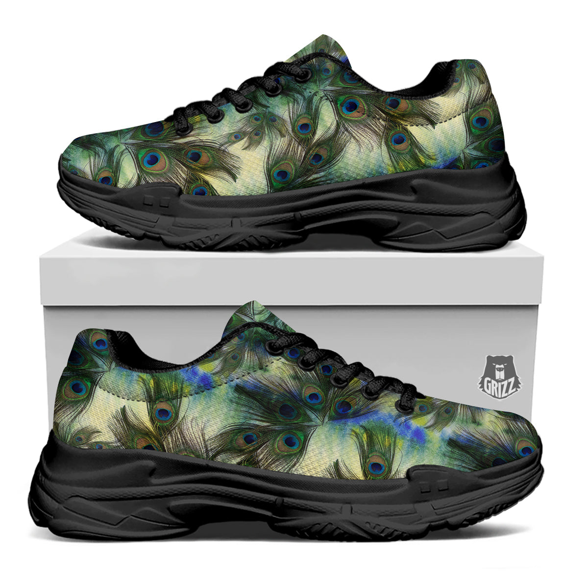 Feather Vintage Watercolor Print Pattern Black Chunky Shoes-grizzshop