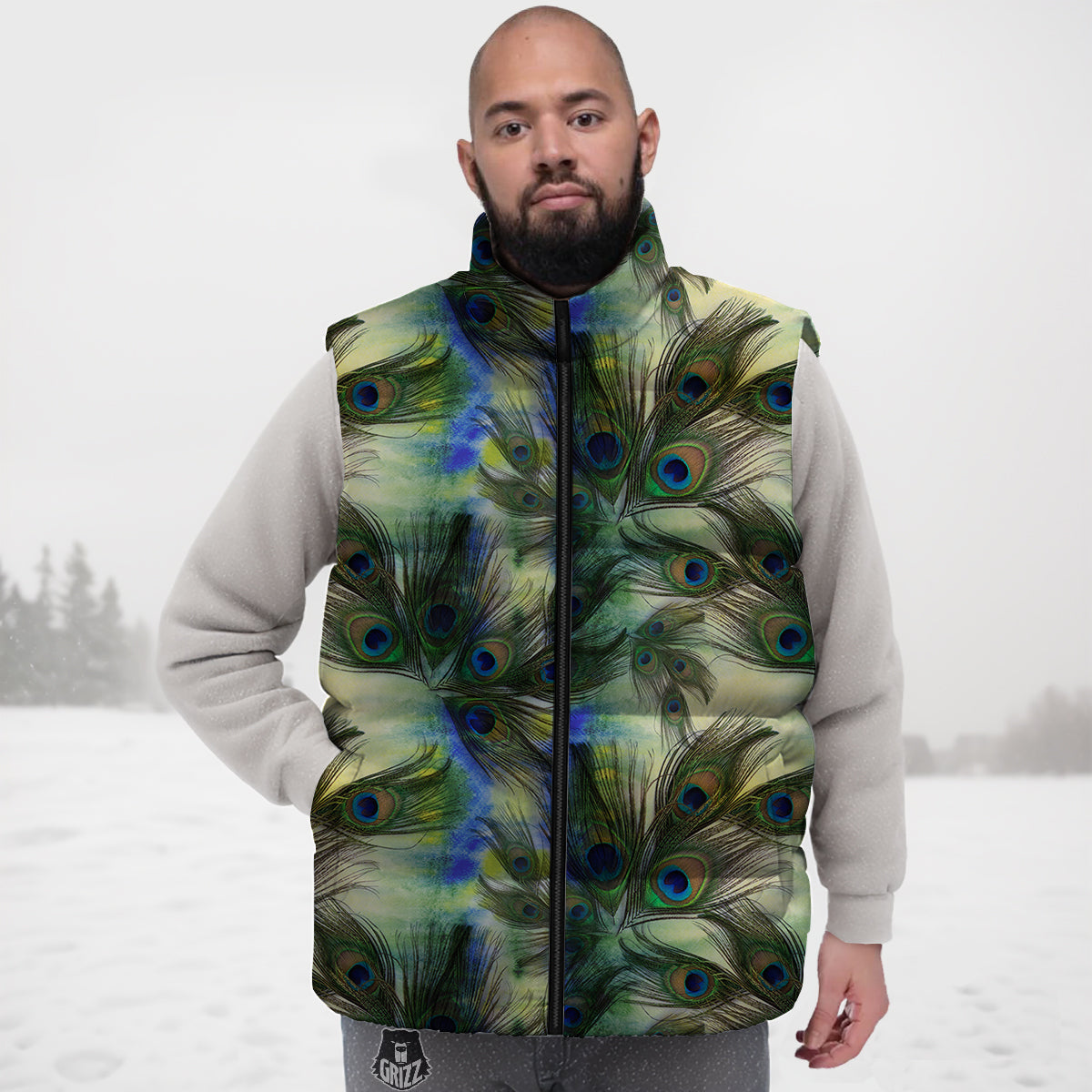 Feather Vintage Watercolor Print Pattern Down Vest