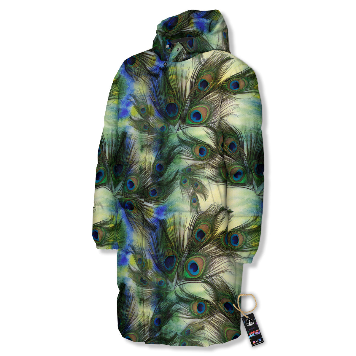 Feather Vintage Watercolor Print Pattern Long Down Jacket-grizzshop