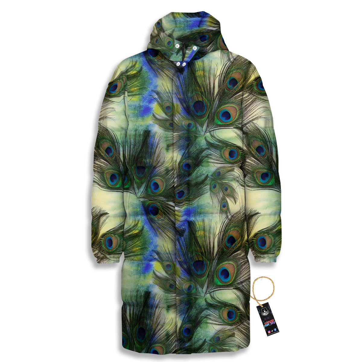Feather Vintage Watercolor Print Pattern Long Down Jacket-grizzshop
