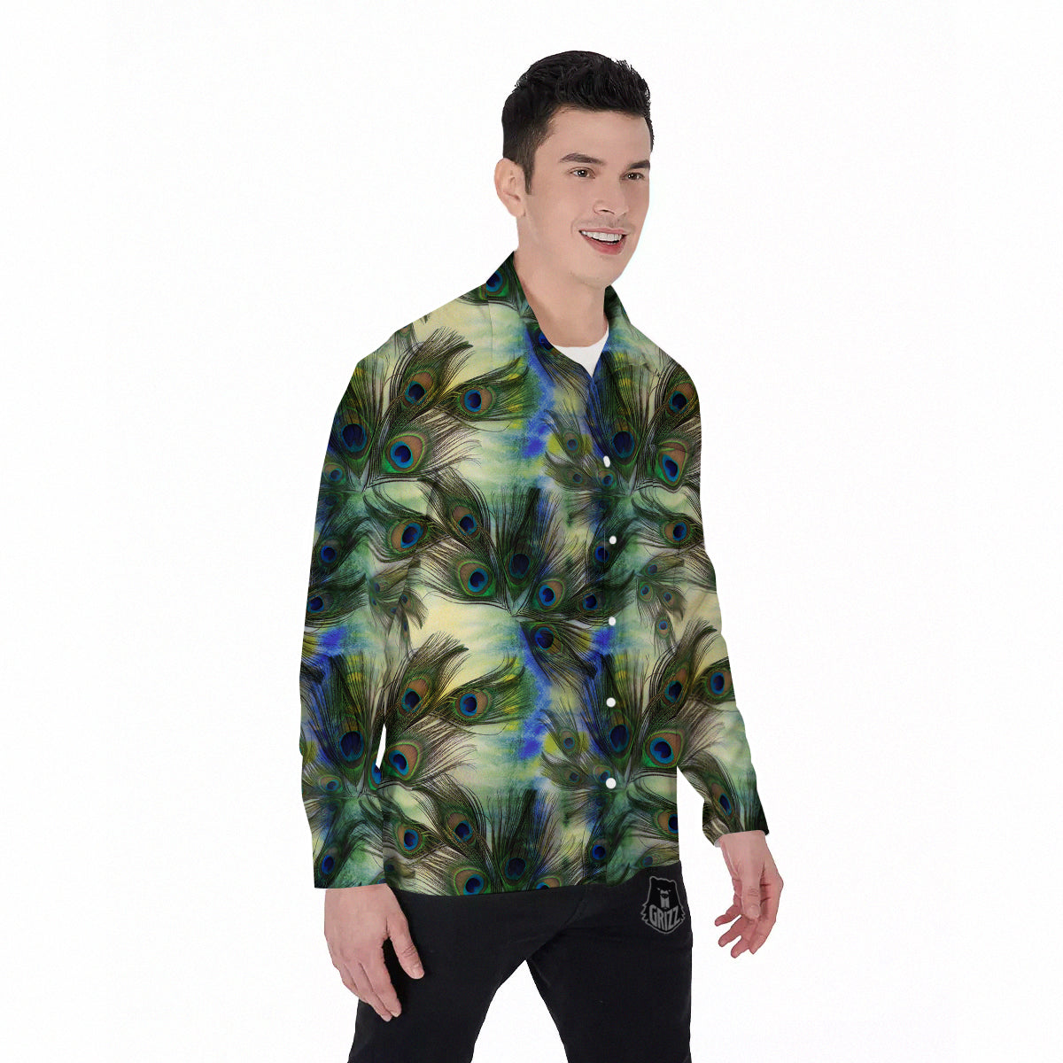 Feather Vintage Watercolor Print Pattern Men's Long Sleeve Shirts-grizzshop