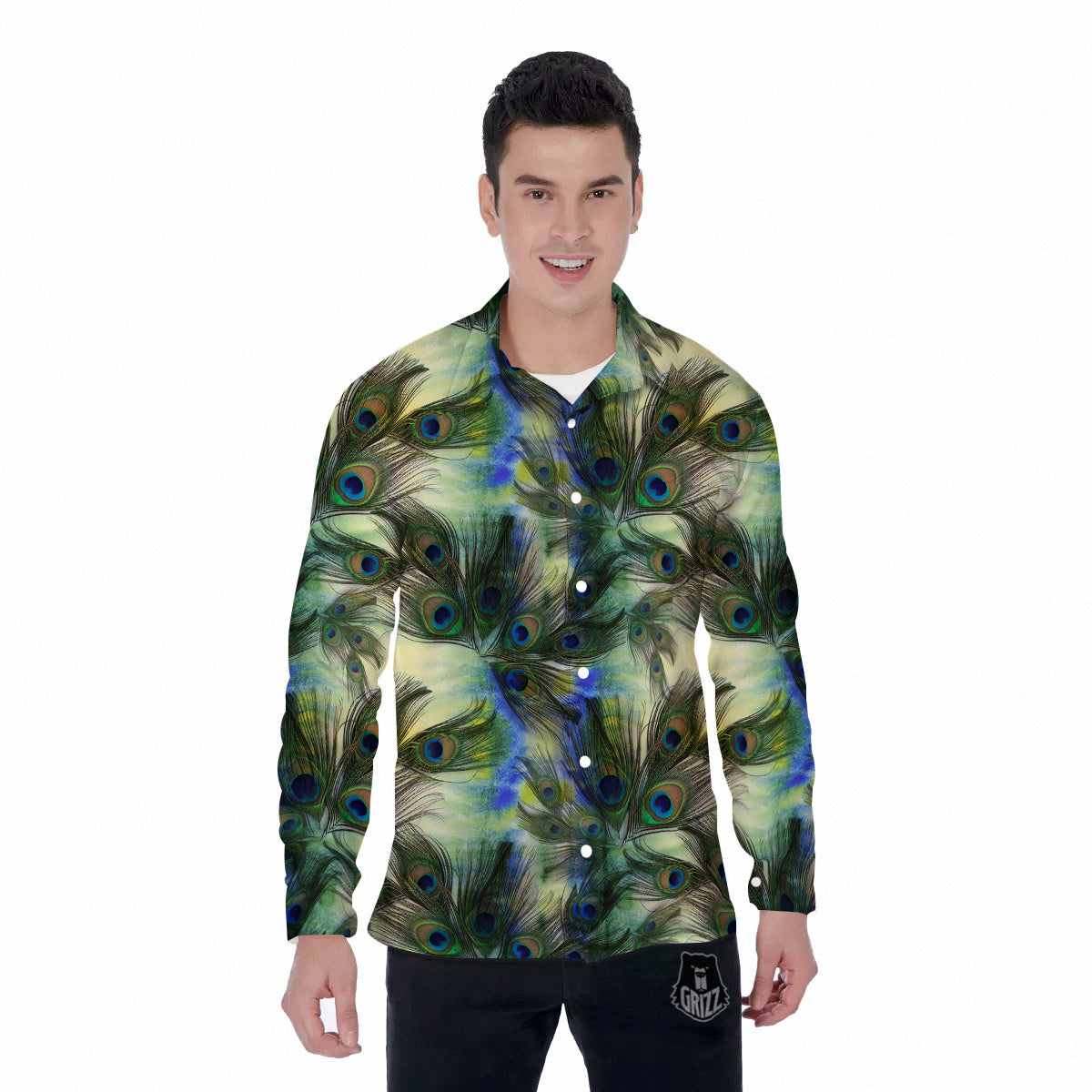 Feather Vintage Watercolor Print Pattern Men's Long Sleeve Shirts-grizzshop