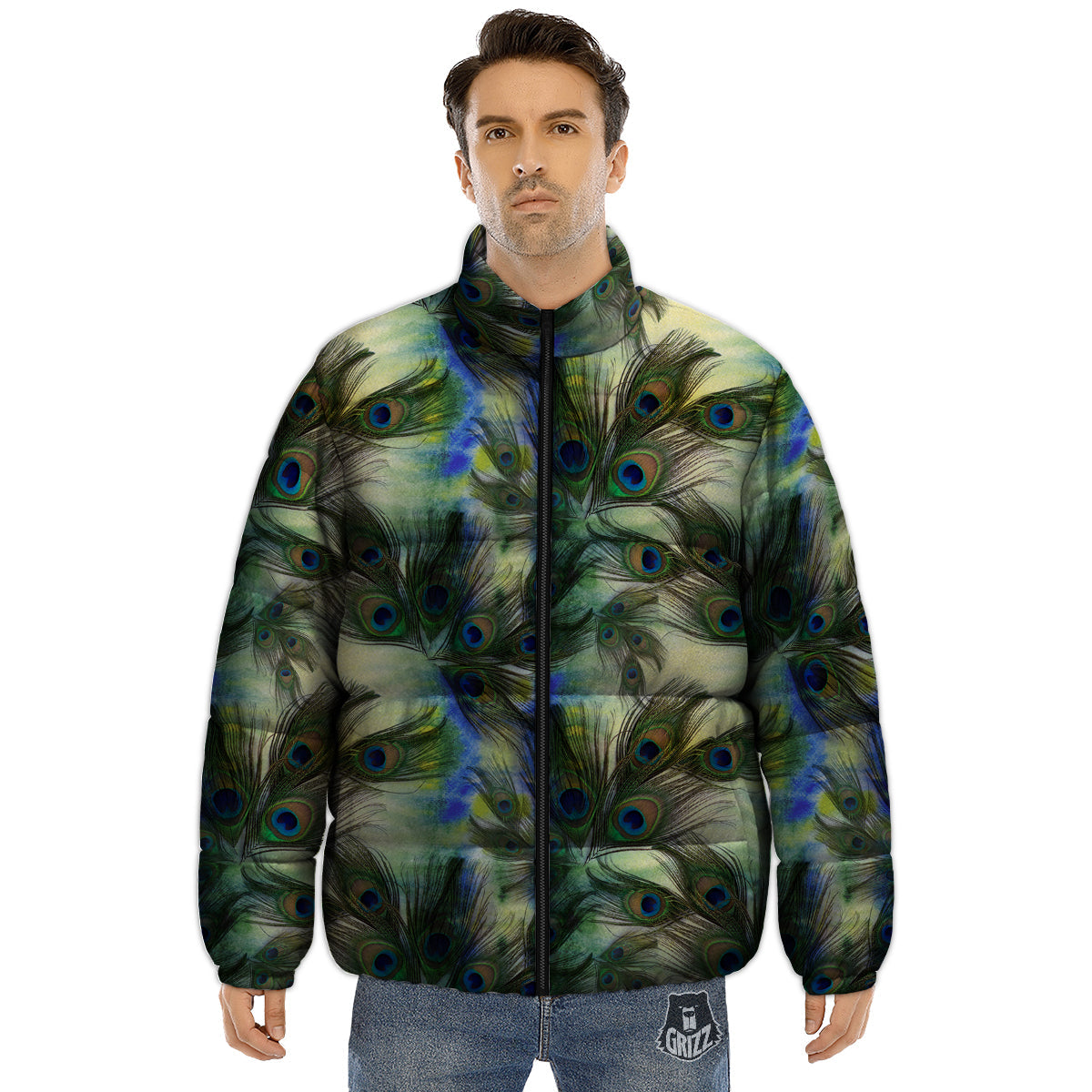 Feather Vintage Watercolor Print Pattern Puffer Jacket-grizzshop