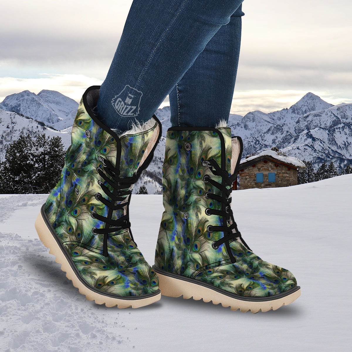 Feather Vintage Watercolor Print Pattern Snow Boots-grizzshop