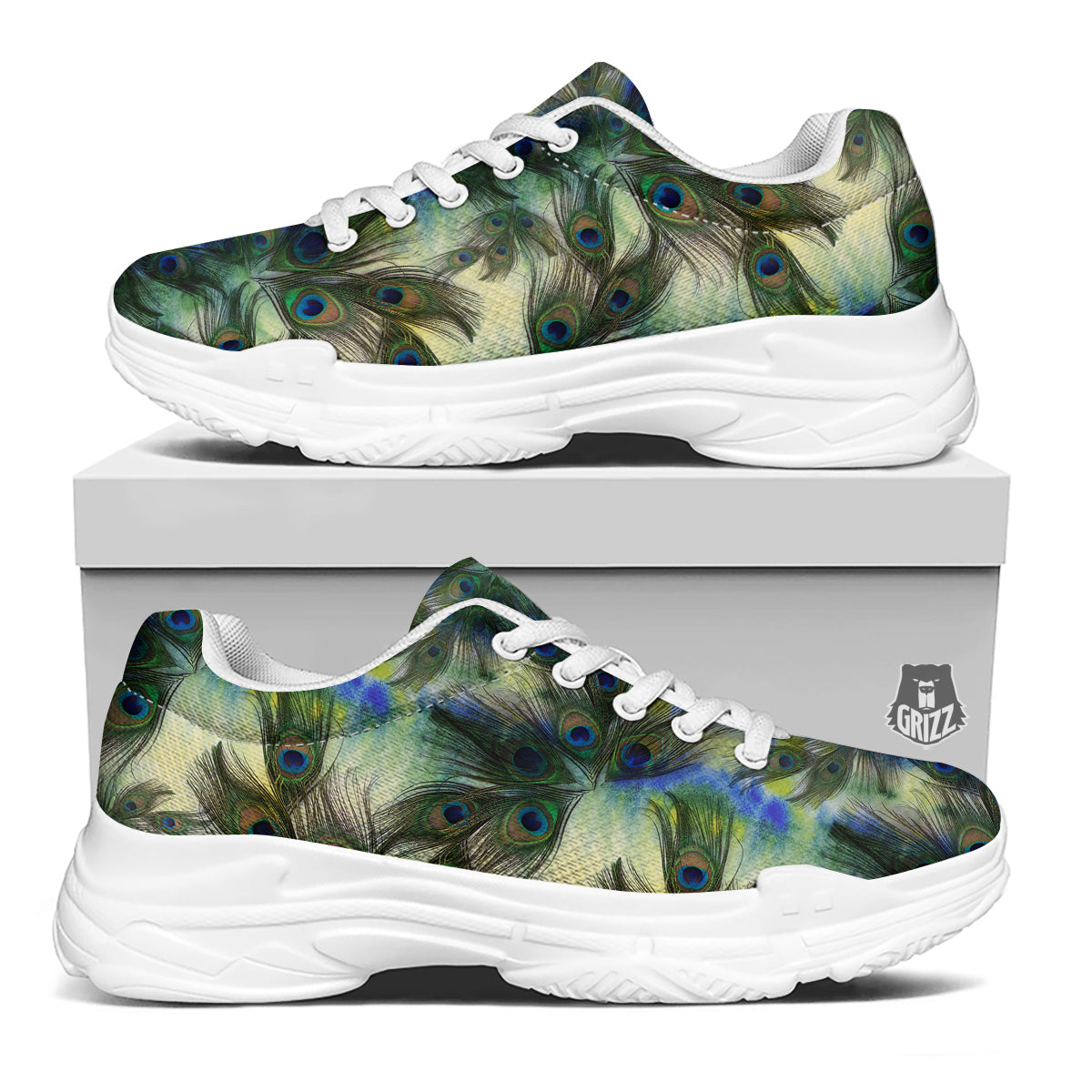 Feather Vintage Watercolor Print Pattern White Chunky Shoes-grizzshop