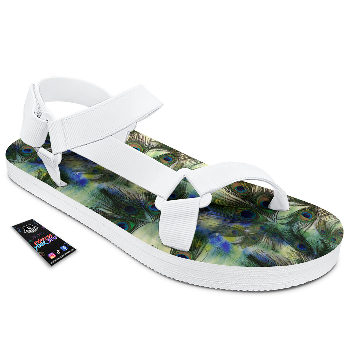 Feather Vintage Watercolor Print Pattern White Open Toe Sandals-grizzshop