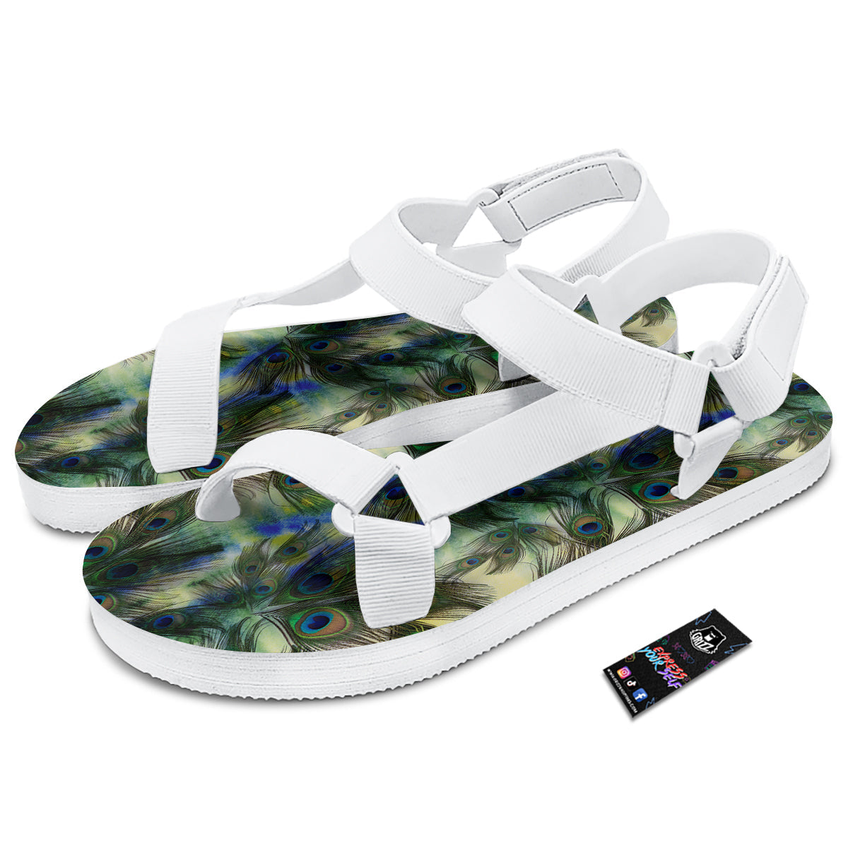 Feather Vintage Watercolor Print Pattern White Open Toe Sandals-grizzshop