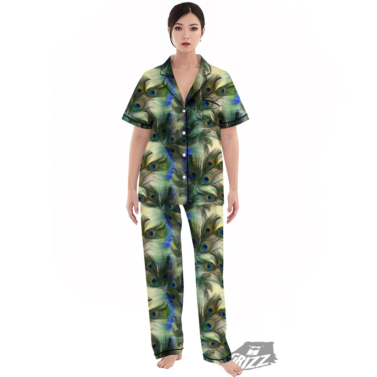 Feather Vintage Watercolor Print Pattern Women's Pajamas Set-grizzshop