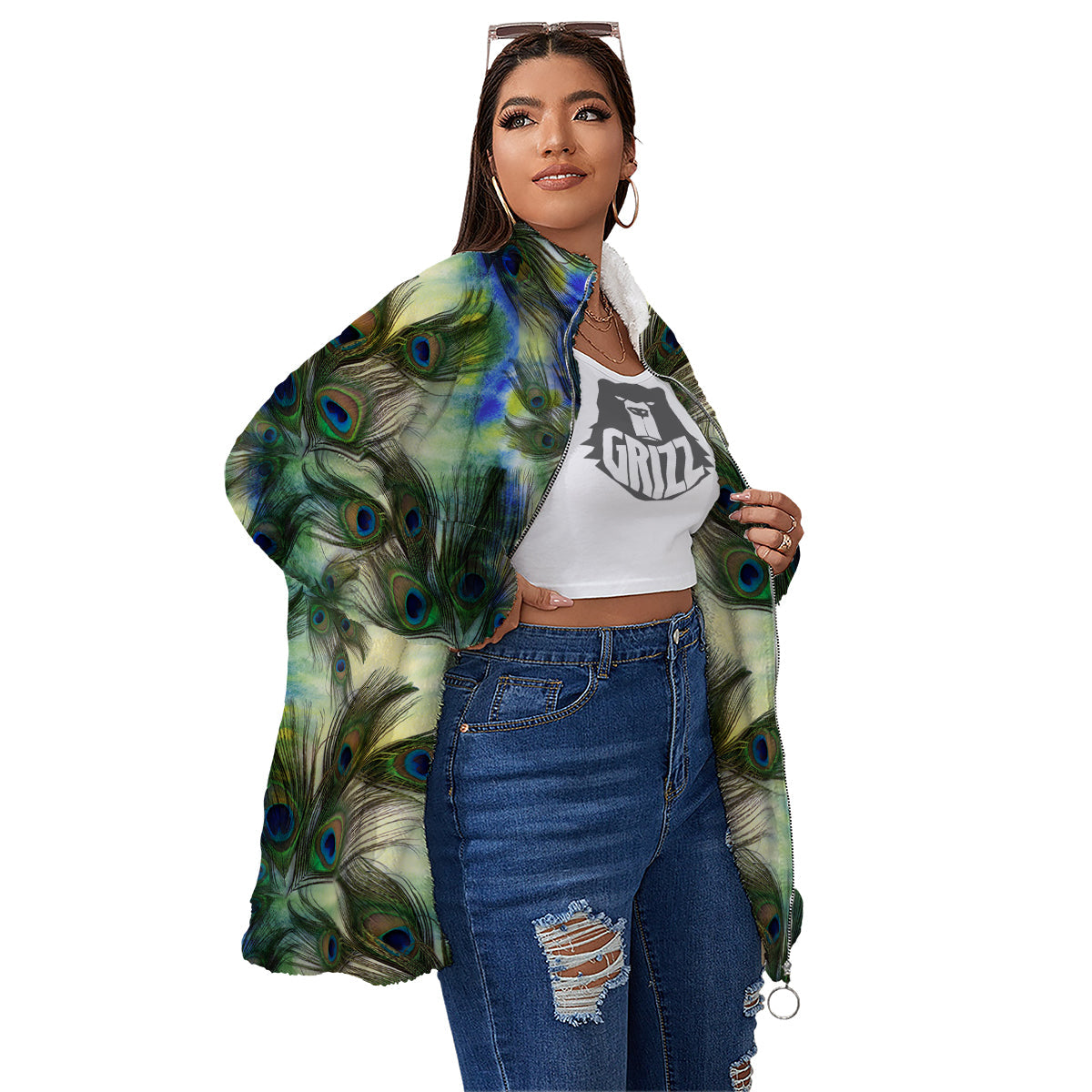 Feather Vintage Watercolor Print Pattern Women's Sherpa Jacket-grizzshop