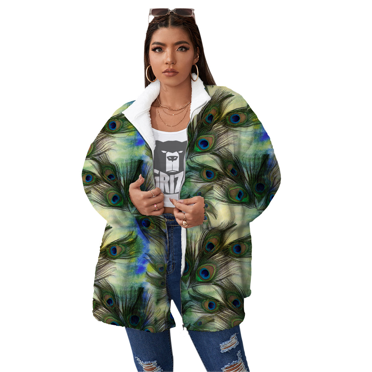 Feather Vintage Watercolor Print Pattern Women's Sherpa Jacket-grizzshop