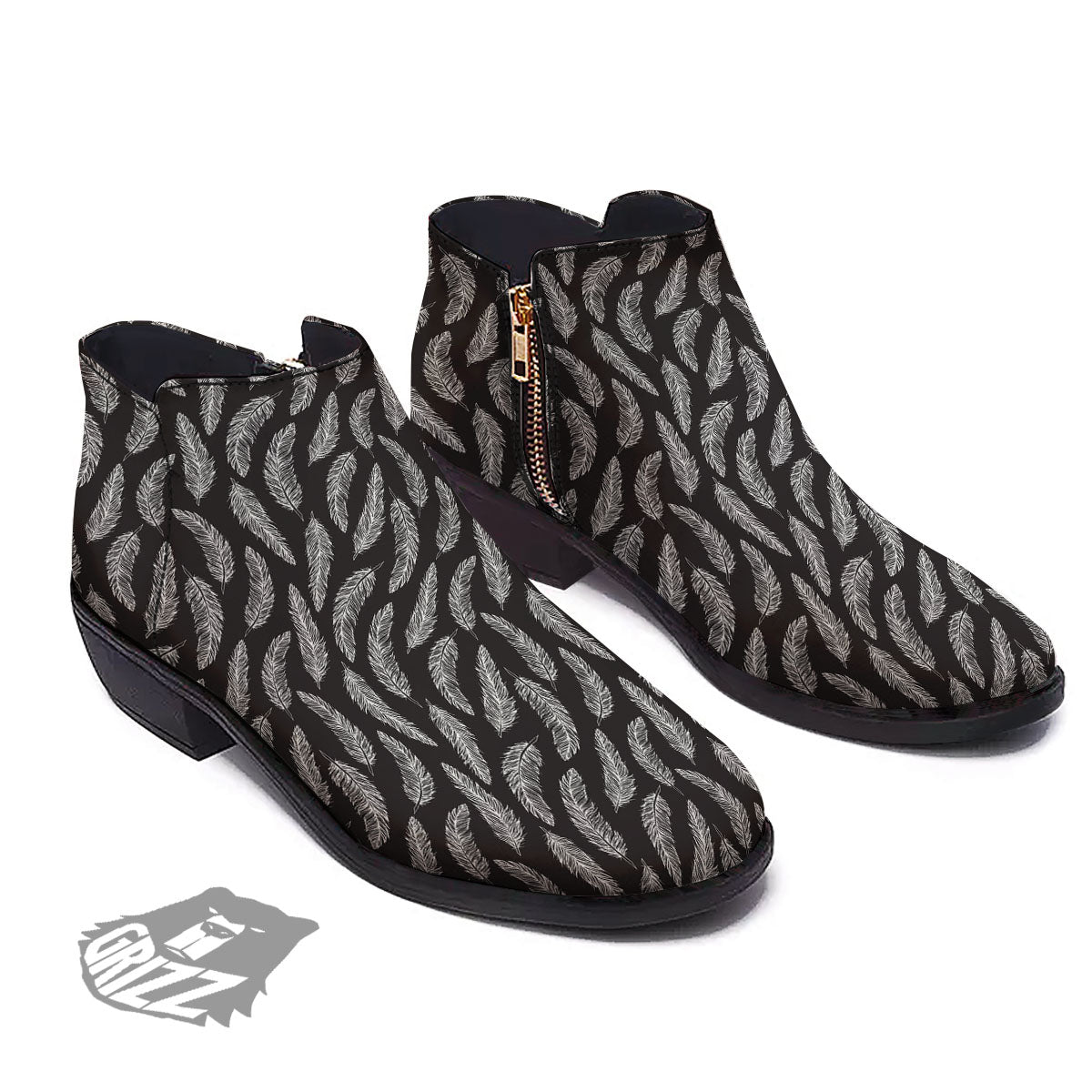Feather White And Black Print Pattern Ankle Boots-grizzshop