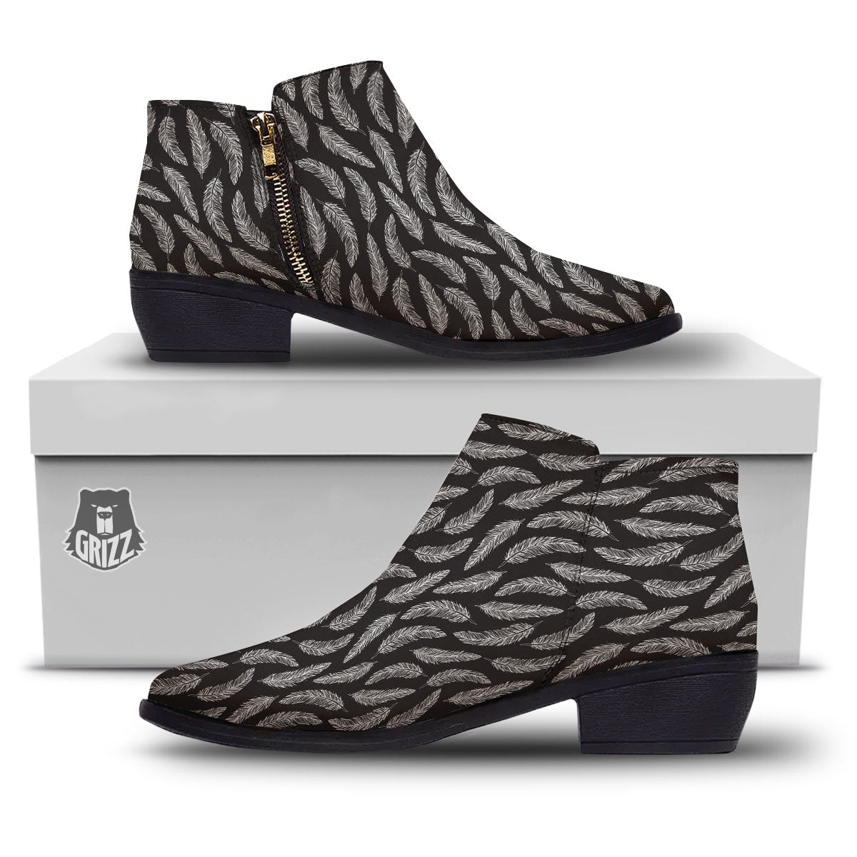 Feather White And Black Print Pattern Ankle Boots-grizzshop